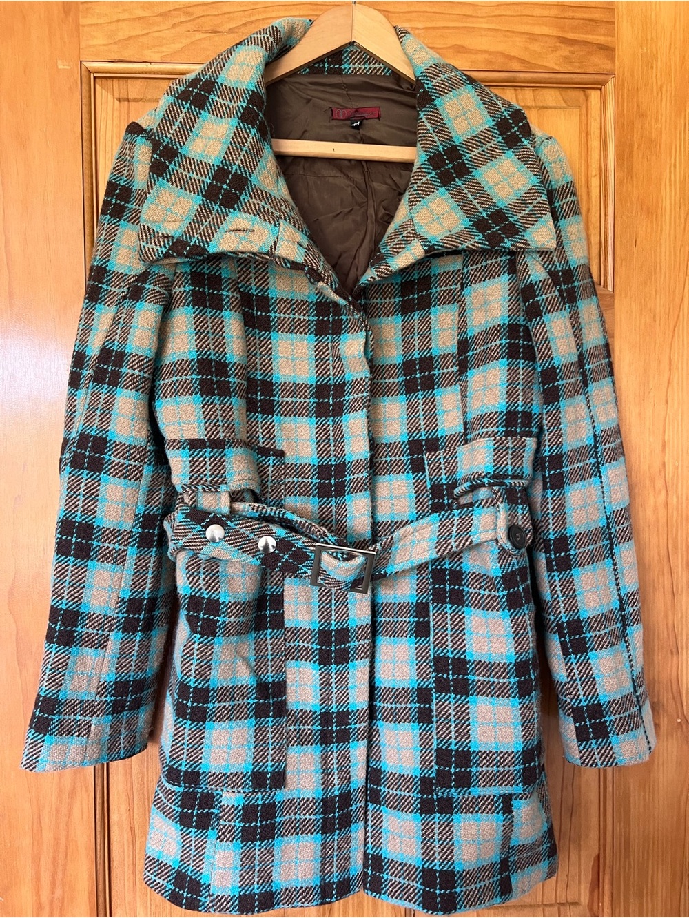 M Donna Made in Italy Plaid Wool-Blend Belted Coat - Teal & Briwn